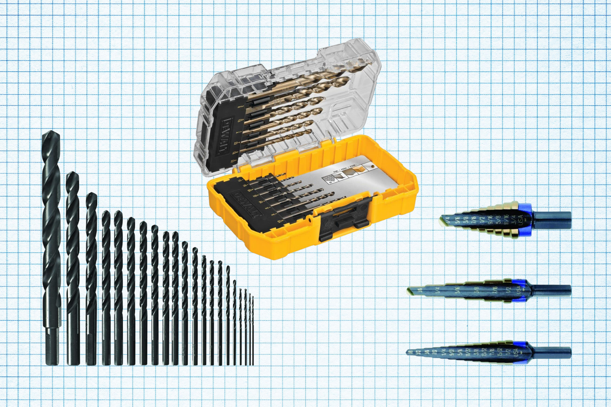 Cobalt Alloy Steel Drill Bit Set, IRWIN Step Drill Bit Set, and BOSCH BL21A Black Oxide Metal Drill Bit Set isolated on a grid paper background