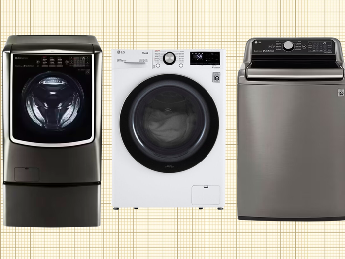 LG Smart Top Load Washer, LG SIGNATURE Smart Front Load Washer, and LG Smart Compact Front Load Washer isolated on a yellow grid paper background