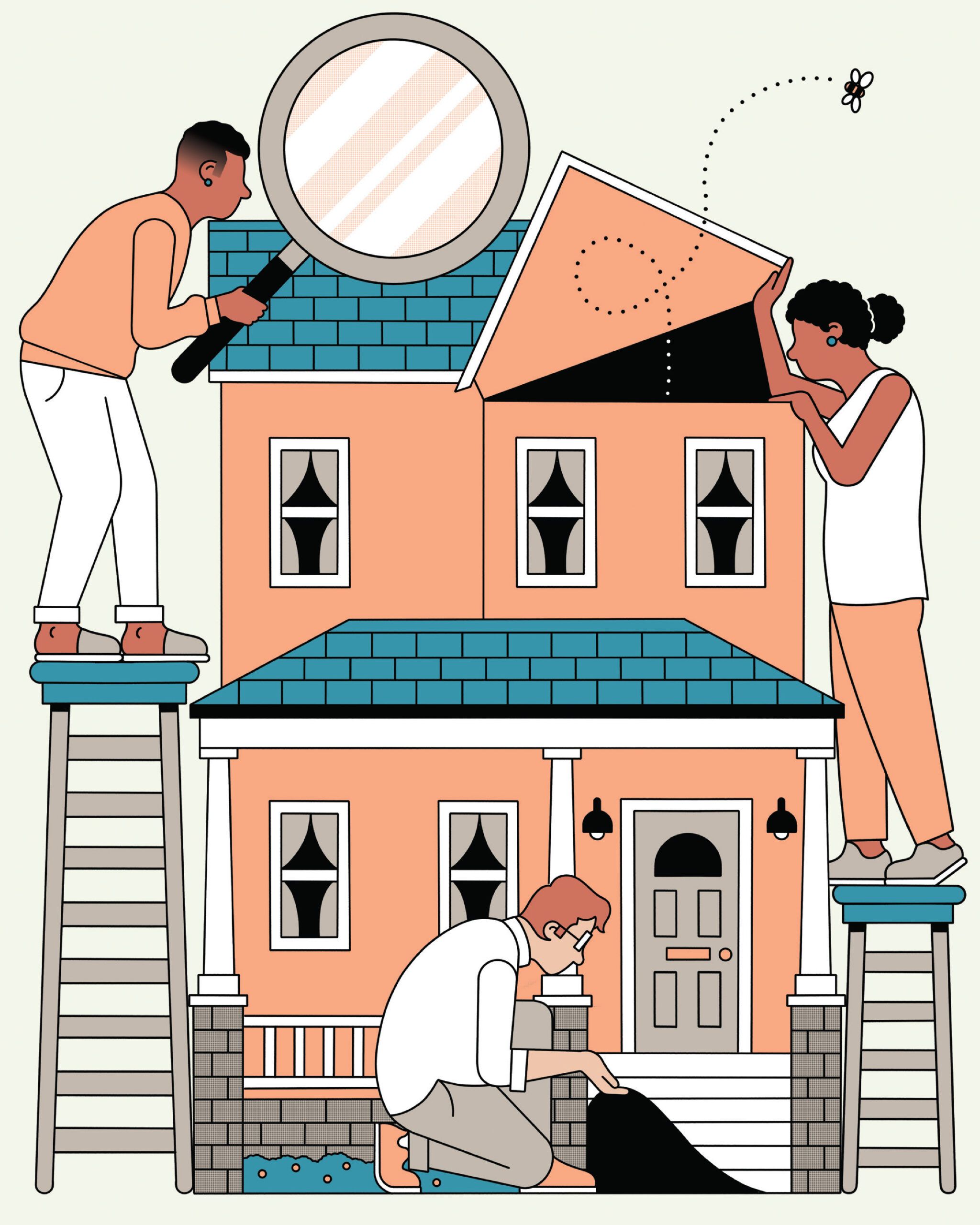 Illustration of people inspecting an old home