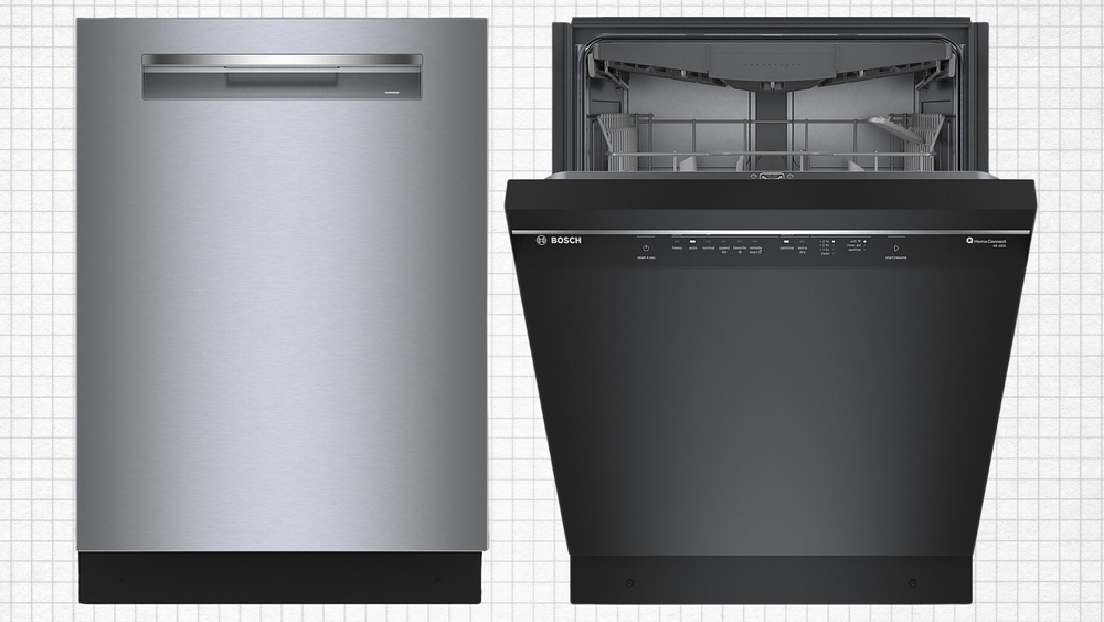 Bosch benchmark series dishwasher and Bosch 300 series dishwasher isolated on grid paper background
