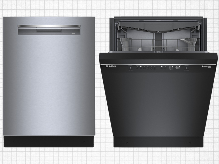 Bosch benchmark series dishwasher and Bosch 300 series dishwasher isolated on grid paper background