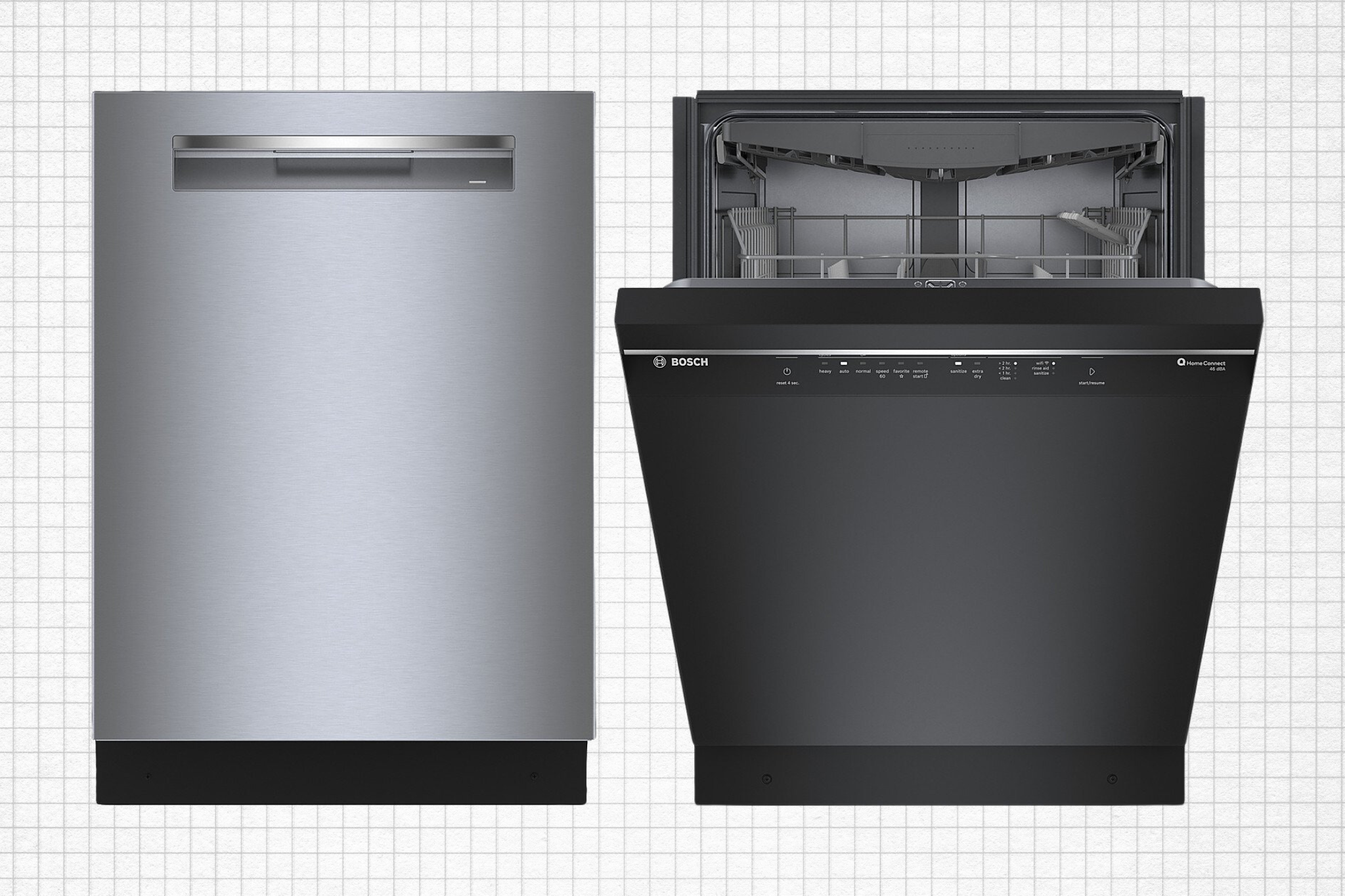Bosch benchmark series dishwasher and Bosch 300 series dishwasher isolated on grid paper background