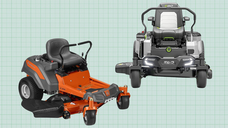 EGO POWER+ZT4204L Zero Turn Riding Mower and Husqvarna Z254 Hydrostatic Zero Turn Riding Mower isolated on a green grid paper background