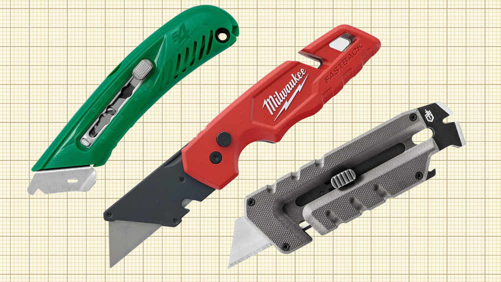 Milwaukee 48-22-1502 Fastback Folding Utility Knife, Pacific Handy Cutter S4R Safety Cutter, and Gerber Gear Prybrid Utility Knife isolated on a grid paper background