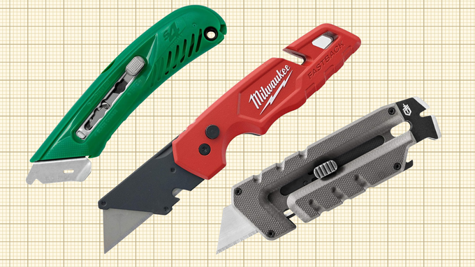 Milwaukee 48-22-1502 Fastback Folding Utility Knife, Pacific Handy Cutter S4R Safety Cutter, and Gerber Gear Prybrid Utility Knife isolated on a grid paper background