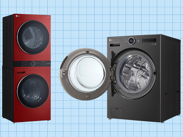 LG WashCombo™ All-in-One with HeatPump and LG Front Load WashTower™ isolated on a grid paper background
