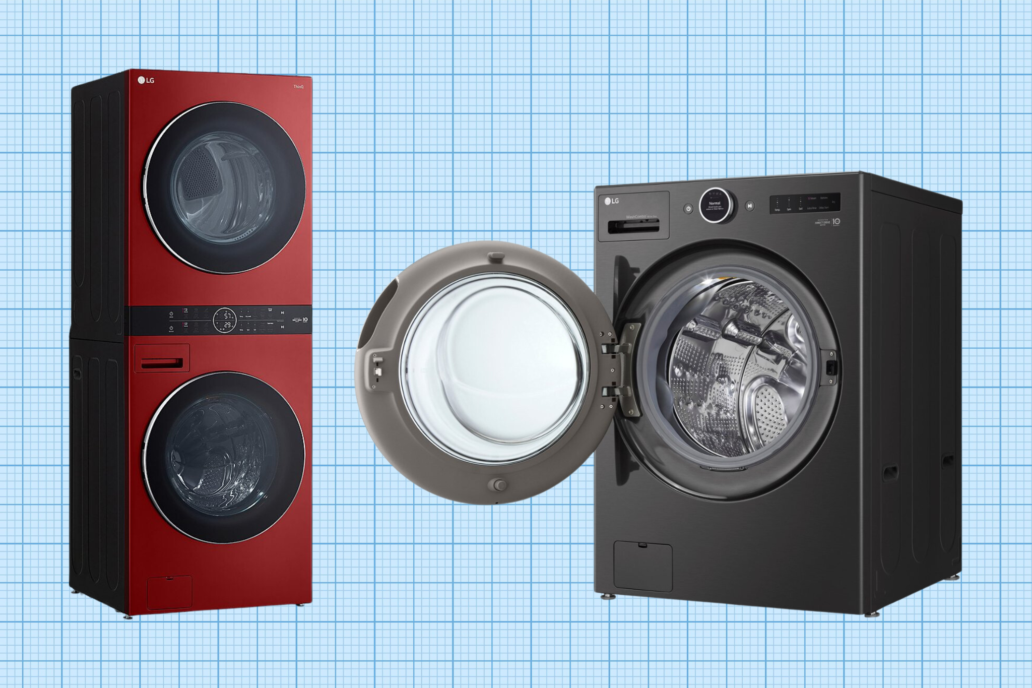 LG WashCombo™ All-in-One with HeatPump and LG Front Load WashTower™ isolated on a grid paper background