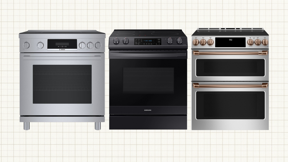 Bosch Freestanding Industrial Style Range, Café Slide-In Double Oven Induction Convection Range, and Samsung Rapid Heat Induction Slide-in Range isolated on a grid paper background