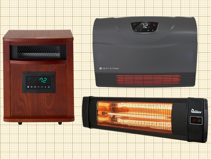 LifeSmart LifePro Indoor Space Heater, Dr Infrared Carbon Infrared Outdoor Heater, and Heat Storm Electric Space Heater isolated on a grid paper background