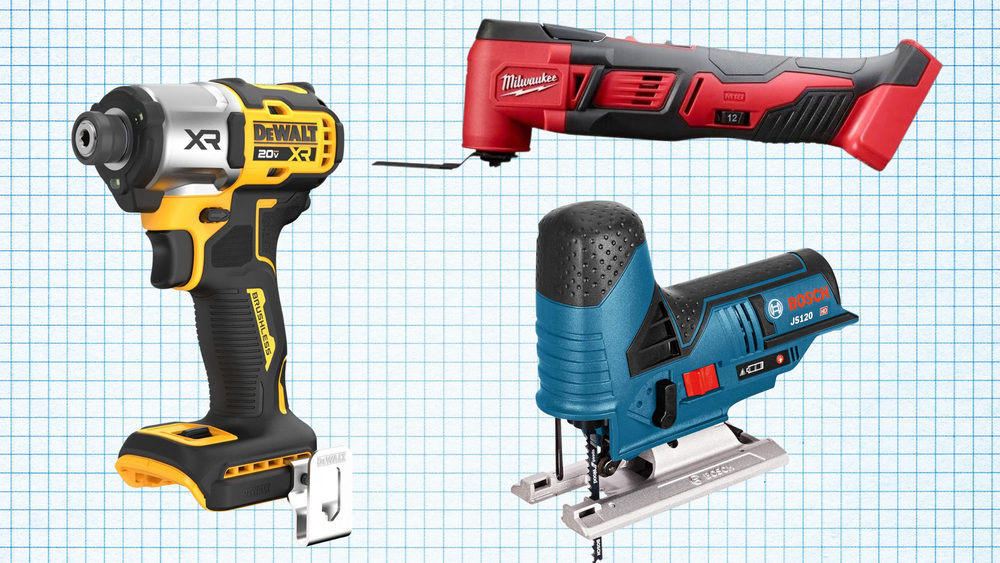 Milwaukee 2626-20 Orbiting Multi Tool, BOSCH JS120N 12V Max Barrel-Grip Jig Saw, and DEWALT 20V MAX XR Impact Driver isolated on a grid paper background