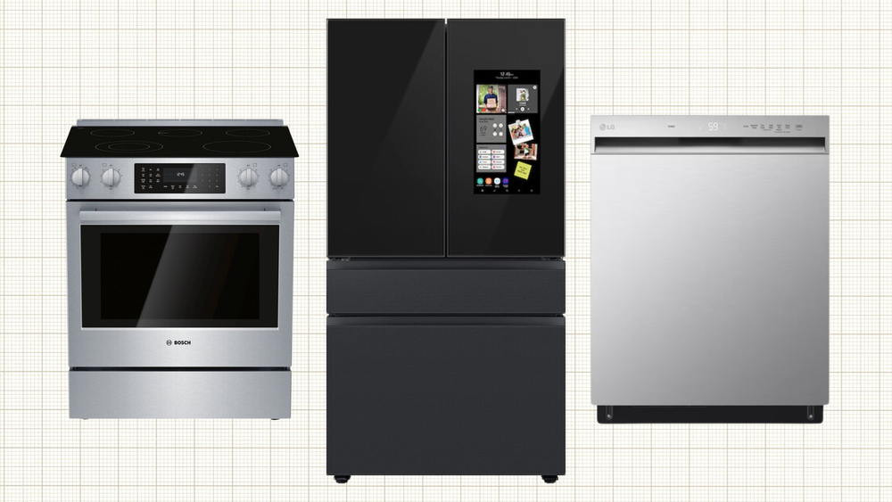 Bosch HEI8056U Electric Convection Range, Samsung Bespoke 4-Door French Door Refrigerator, and LG Front Control Dishwasher with QuadWash™ isolated on a grid paper background