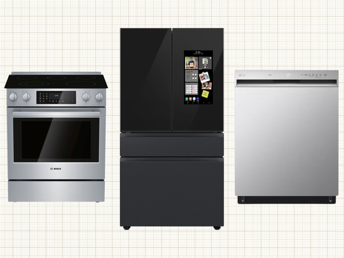 Bosch HEI8056U Electric Convection Range, Samsung Bespoke 4-Door French Door Refrigerator, and LG Front Control Dishwasher with QuadWash™ isolated on a grid paper background