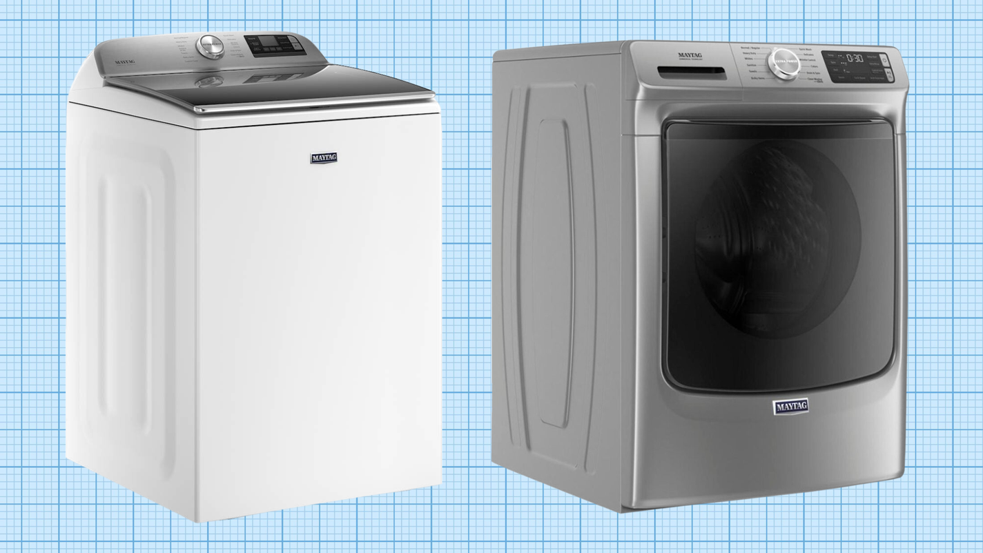 Maytag Smart Top Load Washer with Power Impeller and Maytag Front Load Washer with Fresh Hold isolated on a grid paper background