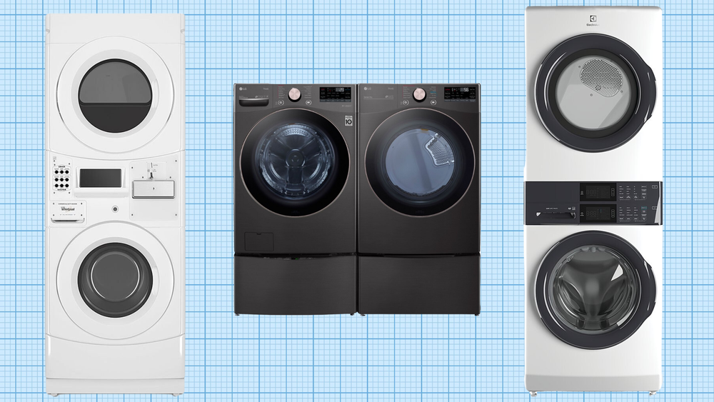 Whirlpool Front Load Washer and Electric Dryer, LG Stackable Smart Front Load Washer and Smart Gas Dryer, and Electrolux Laundry Tower Single Unit isolated on a grid paper background