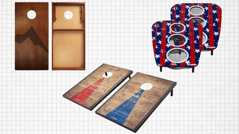 GoSports Classic Cornhole Sets, Retro Woody Series Regulation Cornhole Boards, and Franklin Sports Kids Bean Bag Toss isolated on a grid paper background