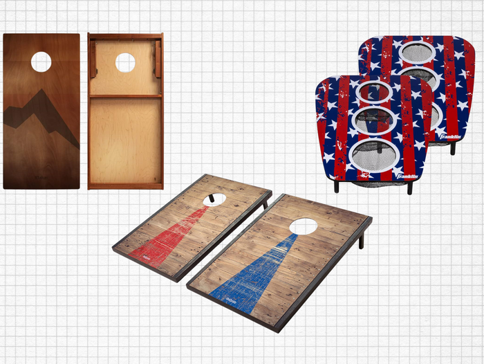 GoSports Classic Cornhole Sets, Retro Woody Series Regulation Cornhole Boards, and Franklin Sports Kids Bean Bag Toss isolated on a grid paper background