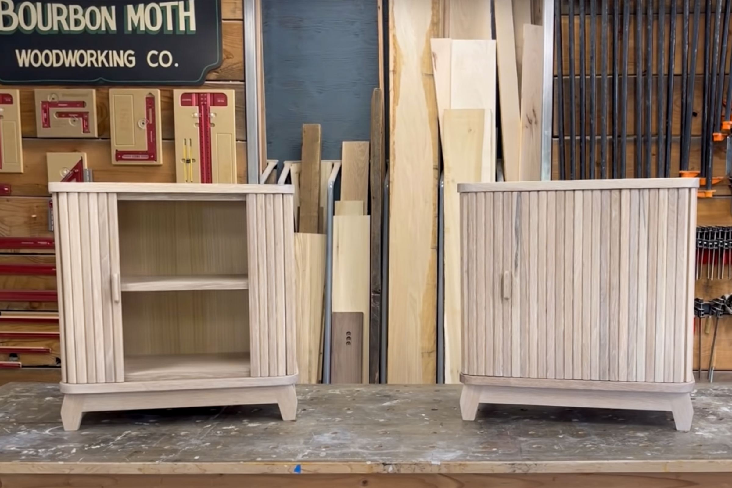 Two Tambour Night Stands on a workbench