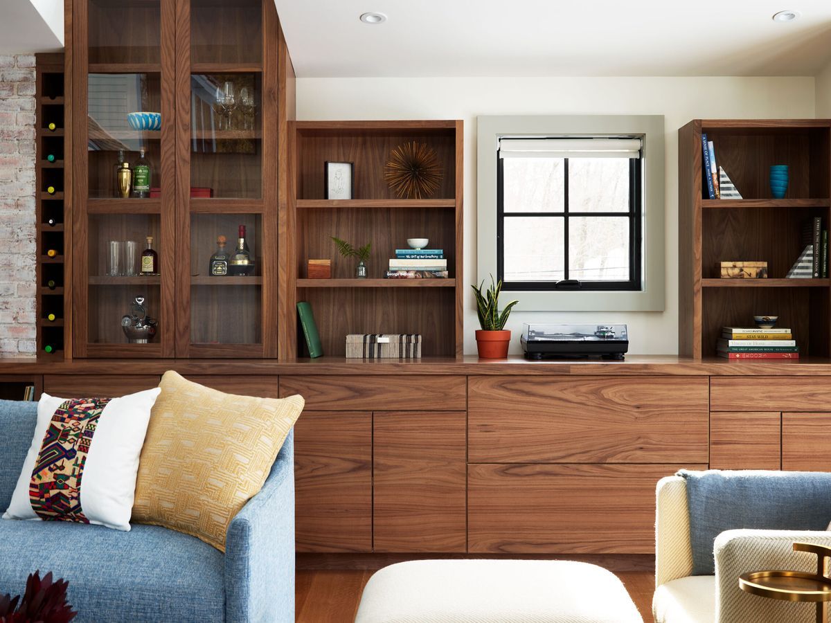 Living room with wood bookshelves