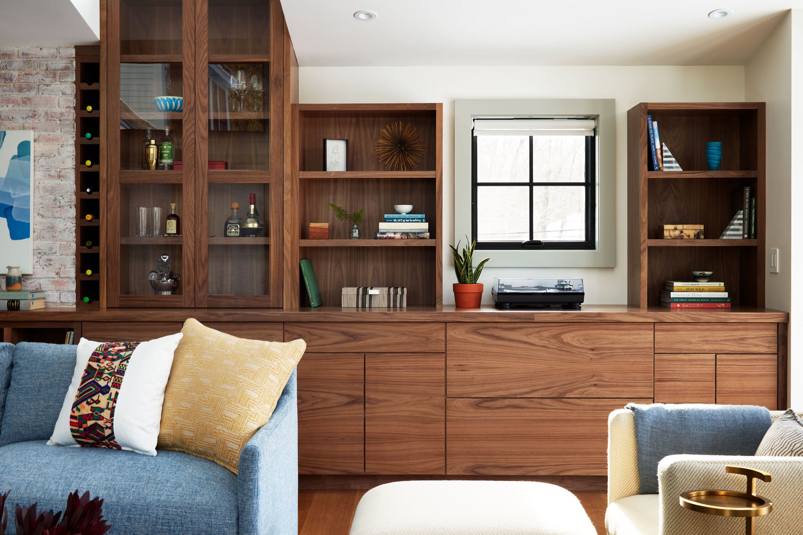 Living room with wood bookshelves