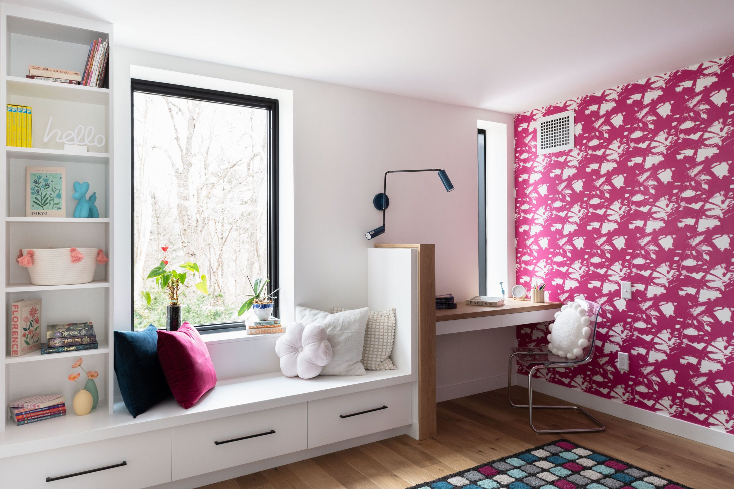 Girl's bedroom with cubby style shelving