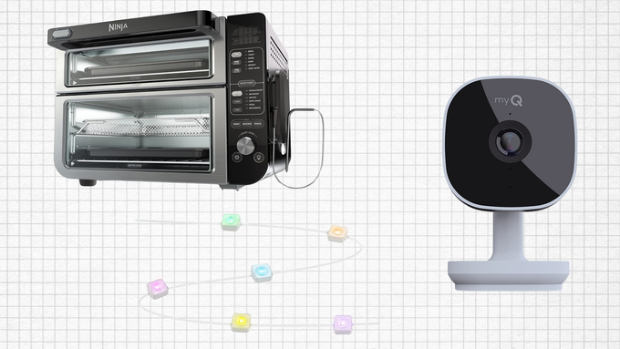 Ninja 12-in-1 Smart Double Oven with FlexDoor, Govee Permanent Outdoor Lights, and myQ Smart Garage Security Camera isolated on a grid paper background