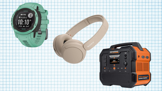 Garmin Instinct 2S GPS Outdoor Watch, Sony WH-CH520 Wireless Headphones, and Generac 8026 Portable Power Station isolated on a grid paper background