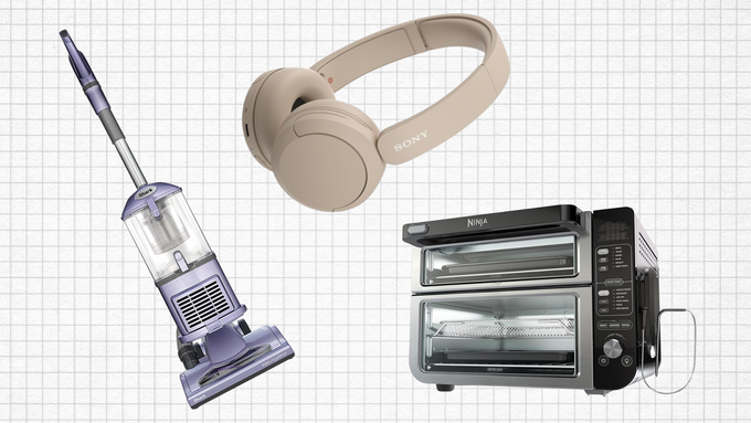 Ninja Smart Double Oven with FlexDoor, Shark Navigator Lift Away Upright Vacuum, and Sony WH-CH520 Wireless Headphones isolated on a grid paper background
