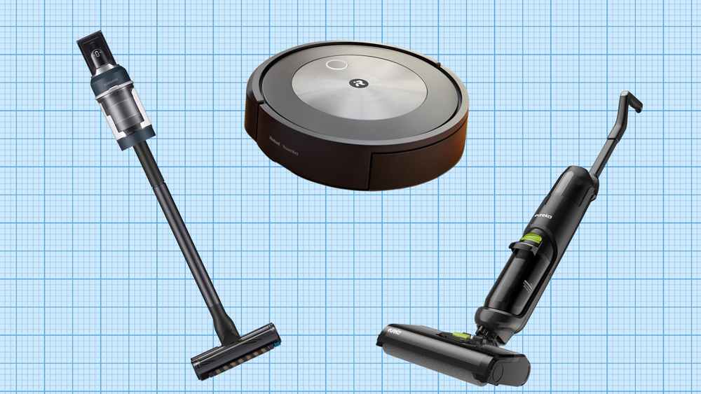 SAMSUNG BESPOKE Jet Cordless Stick Vacuum, irobot Roomba j7+, and Eureka Cordless Wet Dry One Hard Floor Cleaner isolated on a grid paper background