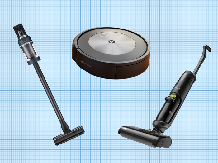 SAMSUNG BESPOKE Jet Cordless Stick Vacuum, irobot Roomba j7+, and Eureka Cordless Wet Dry One Hard Floor Cleaner isolated on a grid paper background