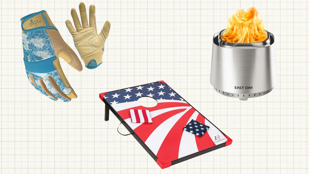 DIGZ Women’s Gardening Gloves, EastPoint Sports Deluxe Cornhole Set, and EAST OAK Fire Pit isolated on a grid paper background