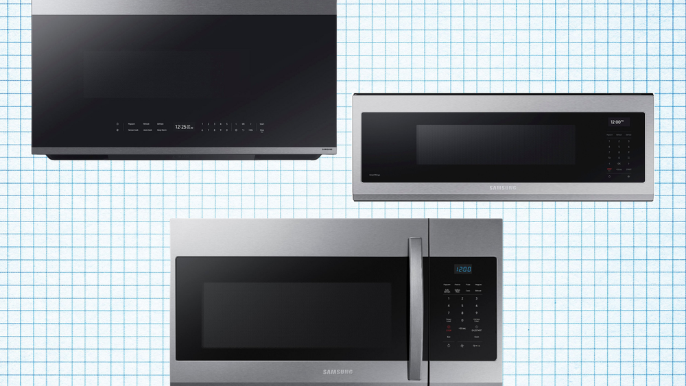 1.7 cu. ft. Over-the-Range Microwave, 1.1 cu. ft. Smart SLIM Over-the-Range Microwave, and Bespoke 2.1 cu. ft. Over-the-Range Microwave isolated on a grid paper background