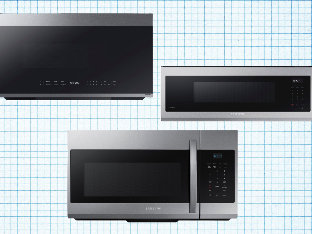 1.7 cu. ft. Over-the-Range Microwave, 1.1 cu. ft. Smart SLIM Over-the-Range Microwave, and Bespoke 2.1 cu. ft. Over-the-Range Microwave isolated on a grid paper background