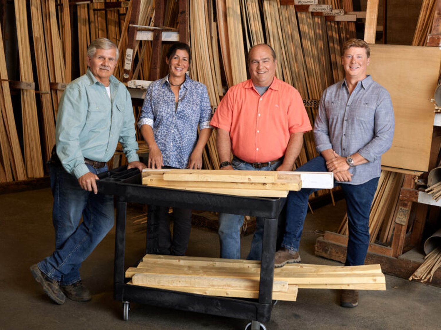 This whole house crew centered around a rolling cart in the lumberyard