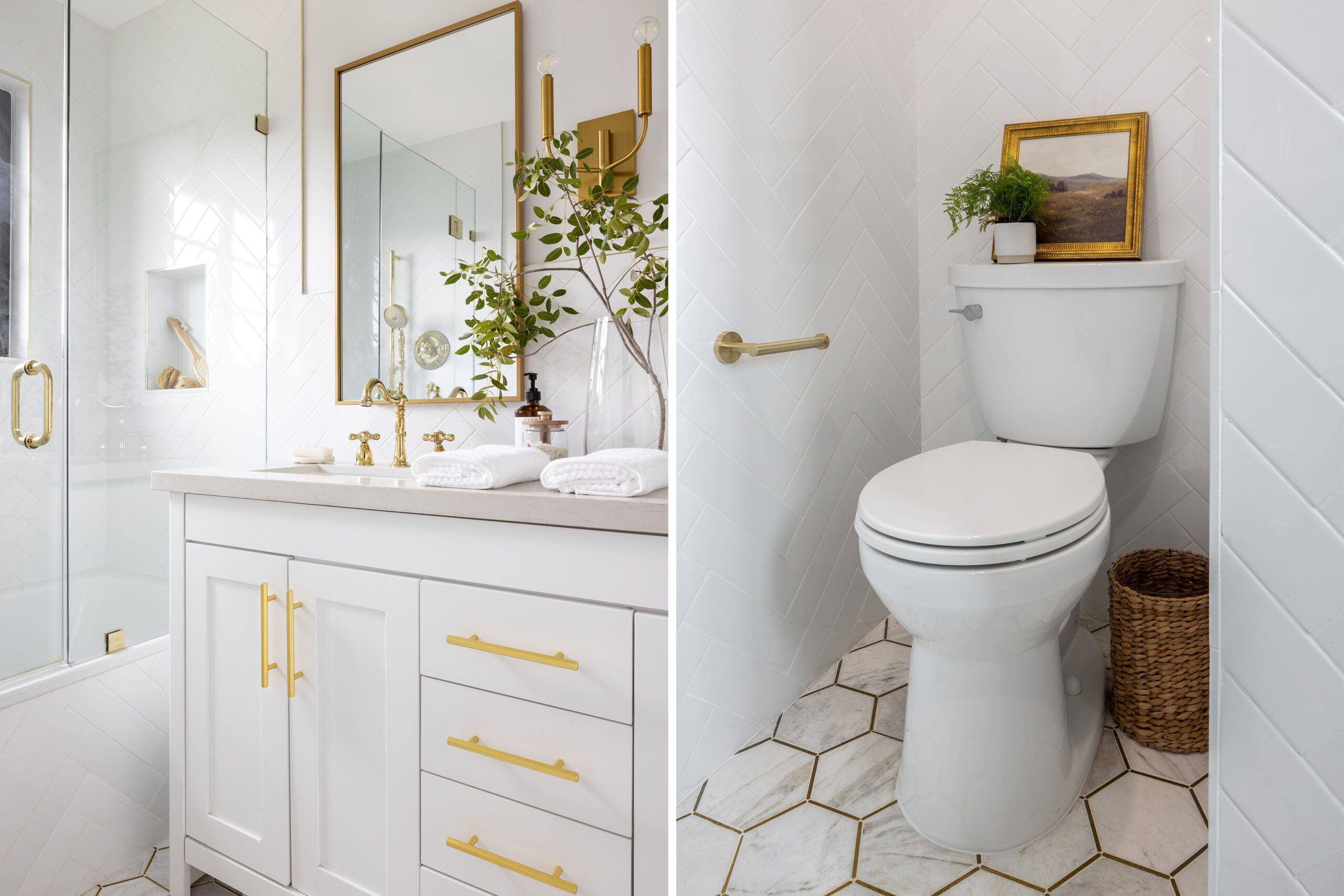 Bathroom renovated by Kathryn Fulton, White with gold accents.