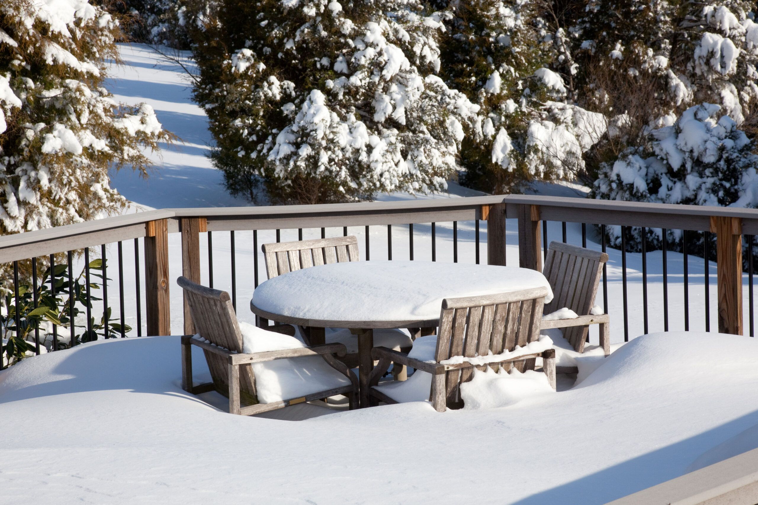 Deck with snow in winter