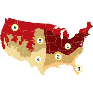 A labeled map of the US showing different zones for lawn care.