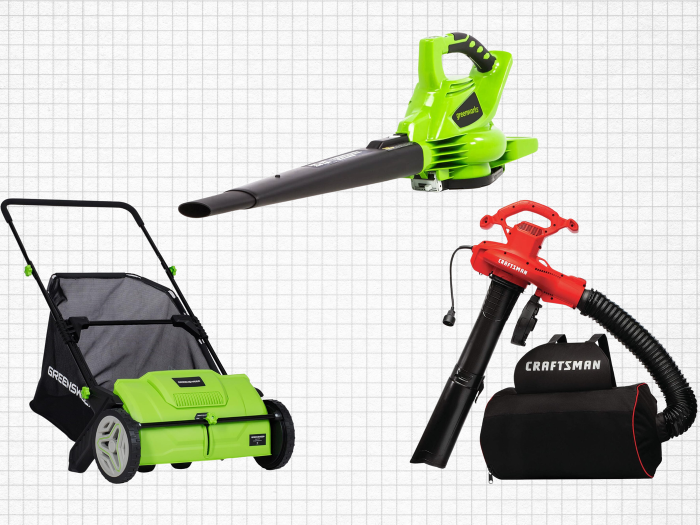 GreenSweep Pickup Pro Garden Sweeper, CRAFTSMAN Leaf Blower, Vacuum and Mulcher, and Greenworks 40V Cordless Leaf Blower /Vacuum isolated on a grid paper background