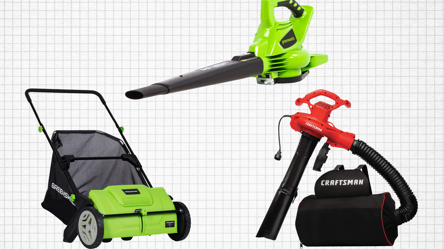 GreenSweep Pickup Pro Garden Sweeper, CRAFTSMAN Leaf Blower, Vacuum and Mulcher, and Greenworks 40V Cordless Leaf Blower /Vacuum isolated on a grid paper background