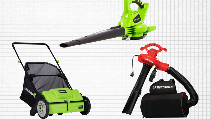 GreenSweep Pickup Pro Garden Sweeper, CRAFTSMAN Leaf Blower, Vacuum and Mulcher, and Greenworks 40V Cordless Leaf Blower /Vacuum isolated on a grid paper background