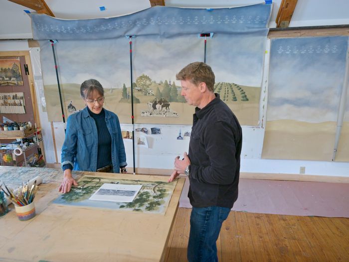 S46 E25: Kevin O'Connor looks at sketches for the dining room mural